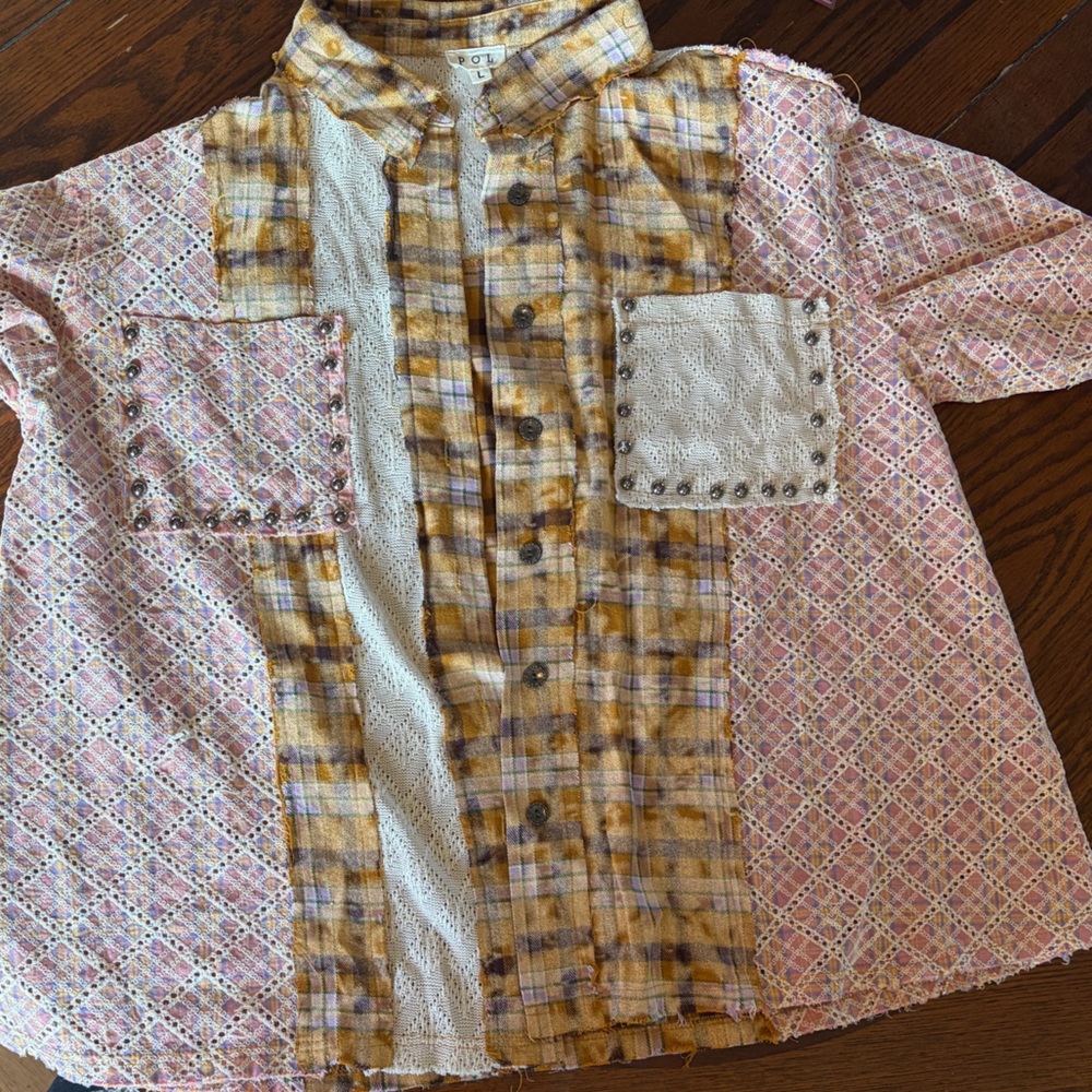 POL Patchwork Flannel Button-Up Shirt in Yellow a… - image 1